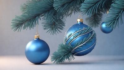 The primary subject of the image is a blue Christmas ornament, which is hanging from a tree. The setting is a Christmas tree with blue ornaments, creating a festive atmosphere. The visual style is a digital art, as the ornament is depicted in a 3D digital format. The colors and mood of the image are predominantly blue, giving it a calm and serene appearance.
